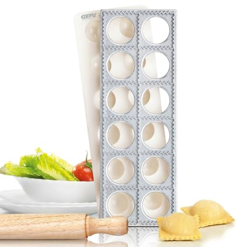GEFU Ravioli- & Maultaschenbrett TASCA 3-tlg. - Aus Aluminium mit Teigrolle | Inklusive Muldenformer & Holzrolle - Antihaftbeschichtet für 12 Teigtaschen - Ideal für Pasta & gefüllte Knödel