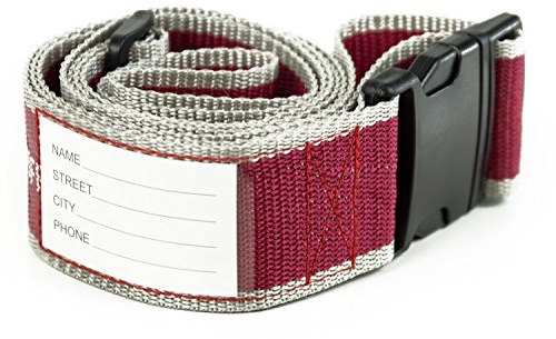 HAUPTSTADTKOFFER – Gepäckgurt mit Adressfeld | Verstellbarer Koffergurt mit Steck-Klippverschluss I Gepäckband für Koffer, Taschen, Rucksäcke, längenverstellbar von 100 auf 200 cm I Rot/Grau