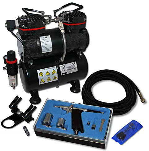 Wiltec Kit Airbrush avec compresseur AS 196 – réservoir 3 L 30-35 l/Min – Pistolet aérographe 116, Godets & Accessoires – pour débutants et professionels – Aérographie, Tatouage, Nail Art, Peinture