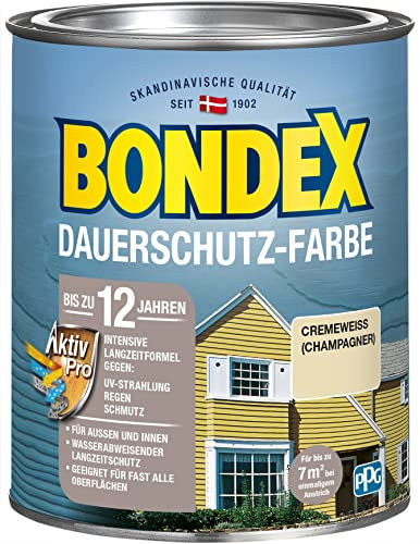 Bondex Dauerschutz Farbe Cremeweiß (Champagner) 0,75 L für 7 m² | Hervorragende Farbstabilität | Wetter- und UV-Schutz - bis zu 12 Jahre | Seidenglänzend | Dauerschutzfarbe | Holzfarbe