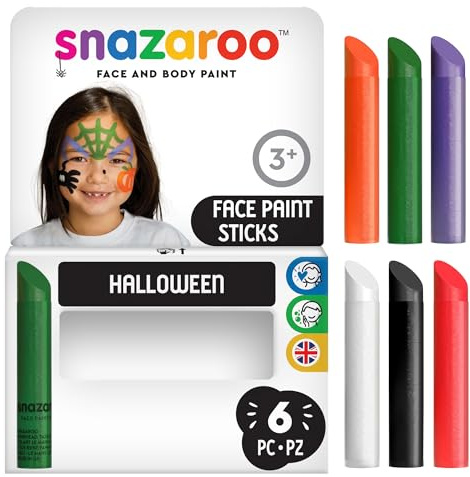 Snazaroo 1172075 Schminkstift Set, 6 Gesichtsfarben frei von Duftstoffen, hautfreundlich und mit Wasser und Seife zu entfernen - Ideal für Partys, Halloween, Fasching, Karnavel - Set Halloween | Einfach zu bedienen, hypoallergen, FDA-genehmigt, mit Seife abwaschen, ungiftig, für Partys, Cosplay, Halloween und mehr.