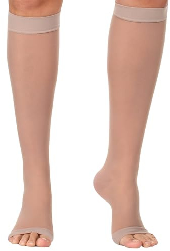 Made in USA - Sheer Compression Socks for Women 20-30mmHg with Open Toe - Toeless Graduated Support Knee High Stockings for Flight, Travel, Sports, Airplane, Nurses - Beige, Medium - A215
