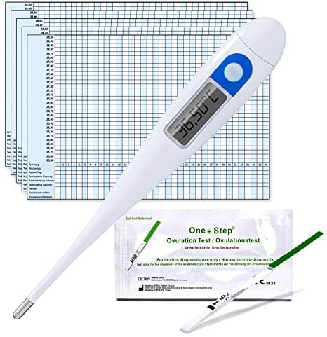 One+Step Basal Thermometer mit 5 Zykluskalendern und 20 One+Step Ovulationstests I Vorteilspack für den Kinderwunsch