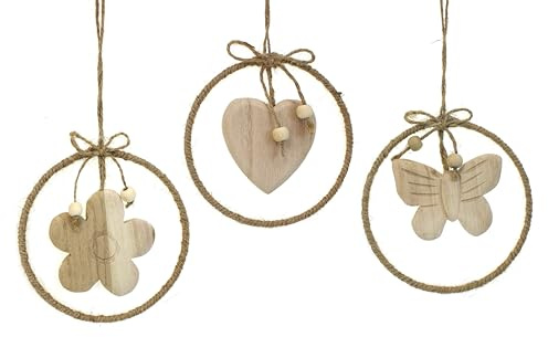 TEMPELWELT® Deko Anhänger Schmetterling Herz Blume im 3er Set je 11 x 11 cm, Holz Natur Landhaus Holzdeko Naturdeko Fensterdekodekoration für Frühling Ostern Sommer