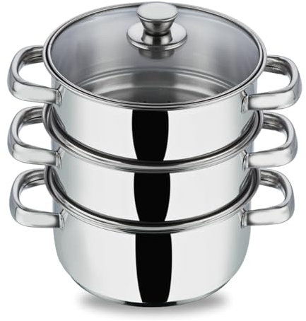 Vinod Stainless Steel 3-Tier Steamer Pot - 18 cm | Sturdy Handle & Vented Glass Lid | Induction & Gas Compatible | 2.5mm Thick Base | Multipurpose Steamer Cooking Vegetable, Momos, Dumplings
