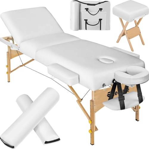 tectake® Massageliege klappbar, höhenverstellbar, Möbel und Zubehör für Massage, Tattoo oder Kosmetik, extra dick gepolstert, Zubehör 2 Lagerungsrollen, Hocker, Tasche, Aluminium Kopfstütze - weiß