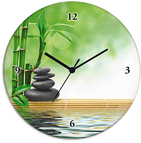 ARTLAND Wanddeko Wanduhr ohne Tickgeräusche Glas Quarzuhr Ø 30 cm Rund Lautlos Zen Asiatisch Spa Steine See Yoga Asien Natur Design T5OP