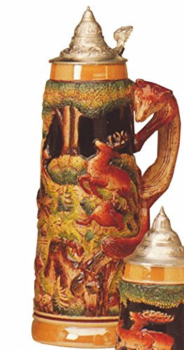 King German Beer Stein Fox Handle Hunting Stein 2 Liter tankard, Beer Mug