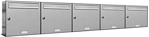 AL Briefkastensysteme 5er Briefkastenanlage aus V2A Edelstahl, Premium Briefkasten DIN A4, 5 Fach Postkasten modern Aufputz