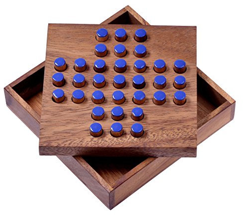 LOGOPLAY Solitär Gr. L - Solitaire - Steckspiel - Denkspiel - Knobelspiel - Geduldspiel - Logikspiel aus Holz - Blaue Stecker