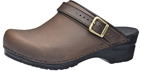 Sanita | Morse Mule Clog | Original Handmade Flexible Leather Clog for Women | Anatomical shaped footbed Vith soft foam | Heel Strap | Mörkbrun | 36 EU