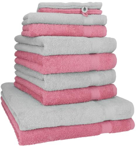 Betz 10-TLG. Handtuch-Set Premium 100% Baumwolle 2 Duschtücher 4 Handtücher 2 Gästetücher 2 Waschhandschuhe Farbe Silber & Altrosa