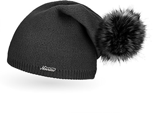 Neverless® außergewöhnliche Damen Strickmütze mit Fell-Bommel, Strick-Beanie