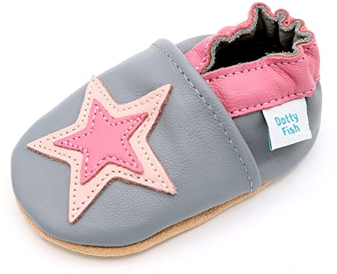 Dotty Fish Barnskor av mjukt läder med antihalksula av mocka. Skor för småbarn. Flickor. Rosa & Grå Stjärna. 0-6 månader (17 EU)