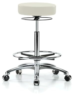 Perch Chrome Medical Rolling Stool with Foot Ring | High Bench Height 25-35 | Off-White Vinyl