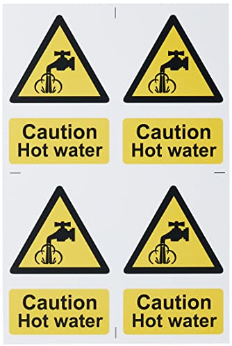 Scan 1309 englisches Warnschild mit Aufschrift „Caution Hot Water, selbstklebend, PVC, 200 x 300 mm, 4 pro Blatt, Weiß