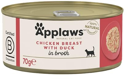 Applaws 100% naturligt premium-våtfoder för katter, kycklingbröst med anka i buljong – förpackning med 24 x 70 g burkar