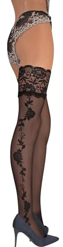 JUST BEAUTY TOUCH 13 cm Deep Lace Top Patterned Hold-ups Stockings, 20 Denier, Rose Floral Design – Perfect for Day & Night, Party, Bridal, Wedding Hold-ups