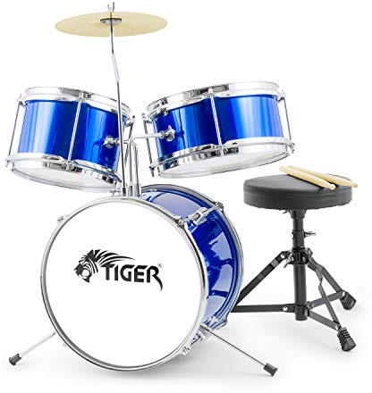 TIGER JDS7-BL | Junior Kids Drum Kit | 3-Piece Beginners Childrens Drum Set | with Snare, Tom, Bass Drum, Bass Drum Pedal, Cymbal, Throne and Sticks | Blue