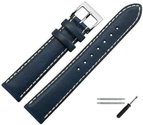 MARBURGER Uhrenarmband 18mm Leder Blau Silber Glatt Mit Naht - Montage Set 8061851000120