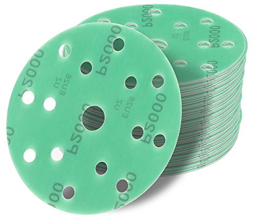 Dischi abrasivi per smerigliatrice con diametro di 150 mm, 15 fori, pellicola di colore verde.