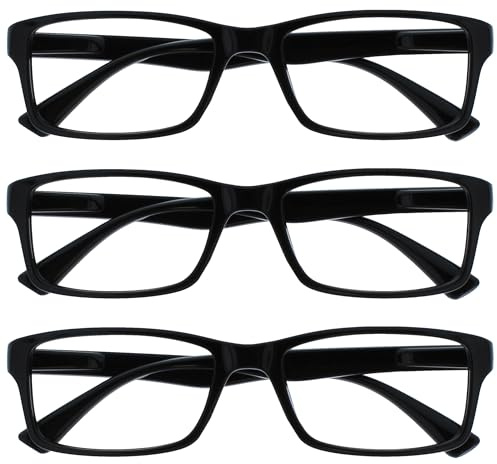 OPULIZE PEP Lesebrille für Damen und Herren - 3er Pack - Große Rechteckige Brille - Komfortable Federscharniere - Kratzfest - Schwarz - UVR +3.50