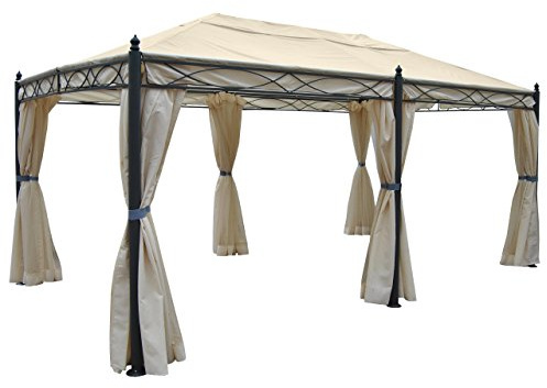 Pergola Cadiz, Pavillon, stabiles 7cm-Gestell 5x3m - Creme mit Seitenwand + Moskitonetz