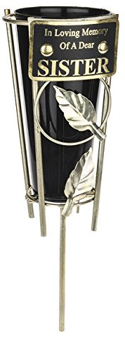 Cemetery Grave Vase with Metal Spike - In Loving Memory of a Dear SISTER plaque. Includes black plastic insert vase