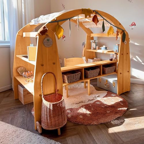 Original Anna Spielhaus® von BioKinder | Spielhaus Spielständer Kaufmannsladen aus zertifiziertem Massivholz Erle, natürlich geölt 165 x 88 x 120 cm