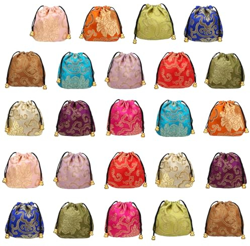 kilofly Lot de 24 pochettes à bijoux en brocart de soie chinoise avec cordon de serrage