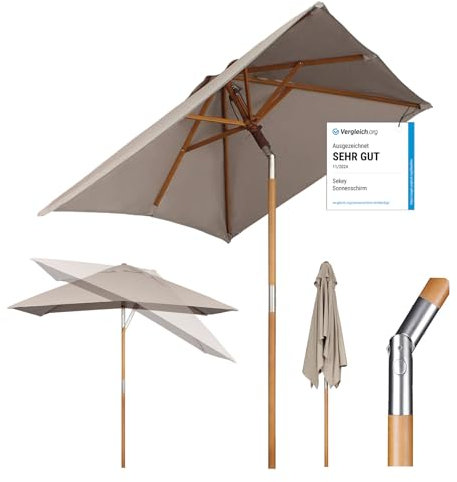 Sekey 200 × 150 cm Rechteckig Holz Sonnenschirm Marktschirm Gartenschirm Terrassenschirm Balkonschirm mit knickbar UV50+ Taupe