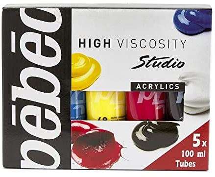 Pébéo - Studio Acrylics Pack Primaires 5 Tubes 100 ml - Kit Tubes de Peinture Acrylique et Pinceau – Assortiment Pébéo Acrylique – 5 tubes couleurs primaires de 100 ml