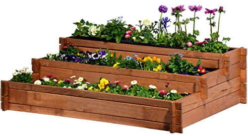 dobar® 58180FSC Hochbeet Peru Blumenbeet Dreistufig | Kräuterbeet Massivholz Stecksystem | Große Blumentreppe inkl. Pflanzvlies | Pflanztreppe 3 Ebenen | 110 x 88 x 36 cm | Braun