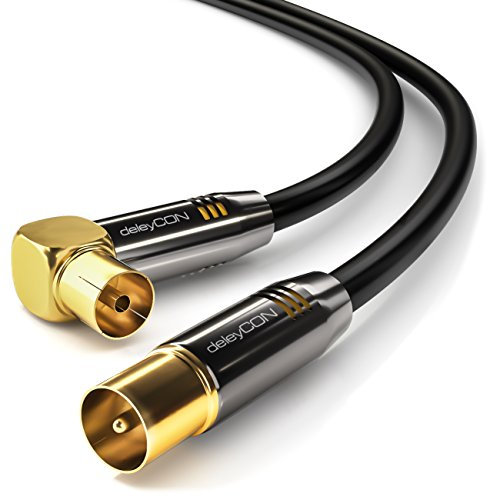 deleyCON - Cavo per antenna TV, spina diritta e manicotto a 90 °, colore nero e bianco
