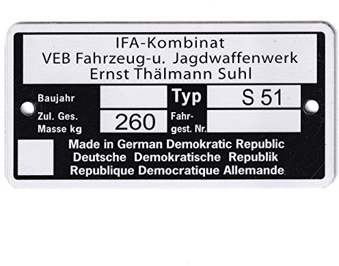 Typenschild - Simson Mokick S51 - IFA Kombinat VEB Fajas - bis 1990