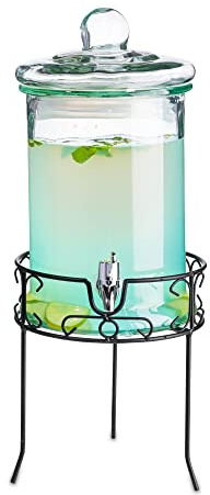 Round Glass Drink Dispenser with Stand 4.8L (168oz) – Beverage Dispenser with Tap for Parties, BBQs & Events