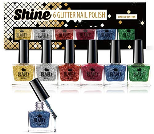 Set de Esmaltes de Uñas con Glitter de Navidad – 6 Colores Festivos y Brillantes de 10ml | Uñas Brillantes para las Fiestas, Aplicación Fácil por Beauty4Britain