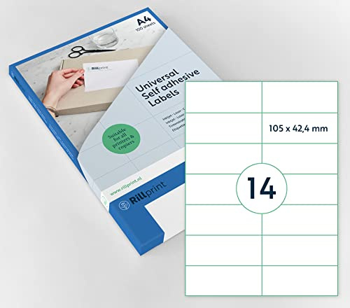Rillprint - Etichette autoadesive autoadesive, 1400 etichette, 105 x 42,4 mm, 14 etichette stampabili per foglio A4, etichette adesive multiuso bianche per indirizzo, spedizione, prezzo, per stampanti