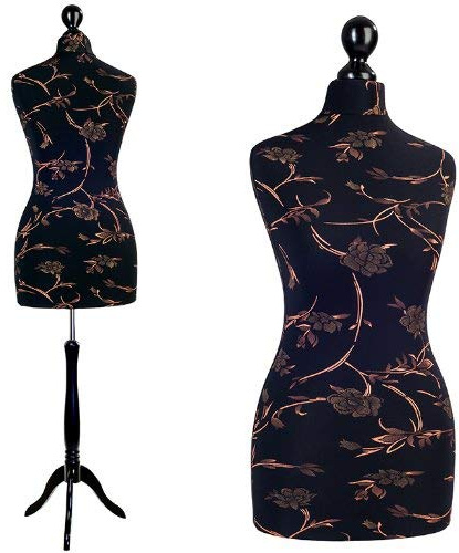 LUCCESI Schneiderpuppe | Damen | Größe/Size: M/L (38-40) | Schneiderbüste | Bezug schwarz/florales Muster (braun) | Standfuss schwarz