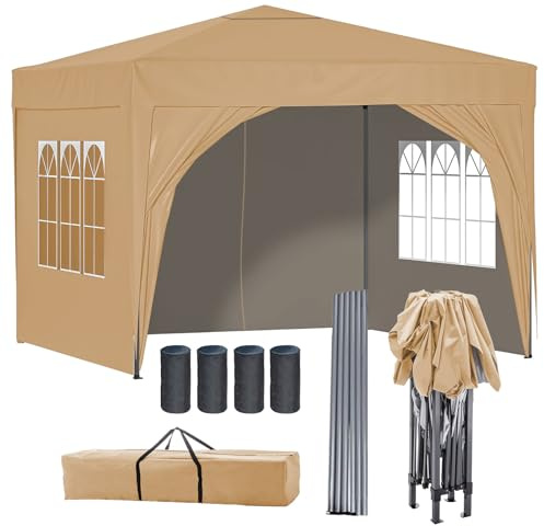 BIRCHTREE Pop Up Gazebo with Sides, 3m x 3m Waterproof with 2 Free Weather Support Beams 4 Gazebo Weight Bags. Garden Canopy Outdoor, Party Tent, 260g Polyester Powder Coated Steel Frame. BEIGE