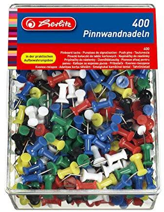 Herlitz 8859142 Pinnwandnadel bzw. Organisationsnadel, 23mm, farbig sortiert, in der 400er Transparentbox