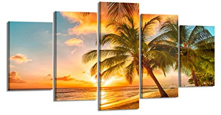 Visario Leinwandbild Palmen Strand Sonnenuntergang Karibik 200 x 100 cm 5-teilig Direktdruck auf Leinwand mit Holzrahmen Wandbild Kunstdruck XXL Wanddeko für Wohnzimmer Schlafzimmer Artikelnr. 6334