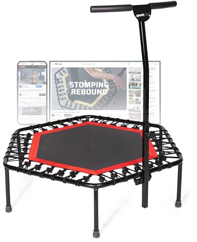 SportPlus Fitness-Trampolin, TÜV-Geprüft, Ø 126cm, leise Gummiseilfederung, 5-Fach höhenverstellbarer Haltegriff, inkl. Randabdeckung, Nutzergewicht bis 130kg, Trampolin für Jumping Fitness
