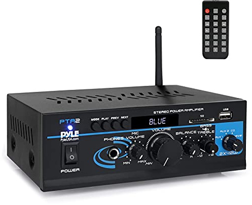 Pyle Home Audio Power Amplifier System - 2X40W Bluetooth Mini Dual Channel Mixer Sound Stereo Receiver Box w/ AUX, Mic Input - For Amplified Speakers, PA, CD Player, Theater via RCA, Studio Use - PTA2