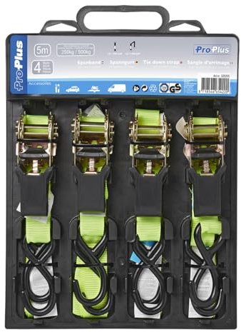 ProPlus 320205 Spanngurt mit Ratsche + 2 Haken, 5 Meter, Set mit 4 Stück, gelb/schwarz, de 4