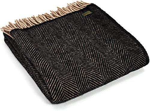 Tweedmill Textiles - Coperta in 100% Pura Lana, Motivo a Spina di Pesce, Stile Vintage, Colore: Nero e Cammello