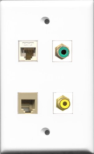 RiteAV 1 Port RCA Gelb und 1 Port RCA Grün und 1 Port Telefon RJ11 RJ12 Beige und 1 Port Cat6 Ethernet Wandplatte Weiß
