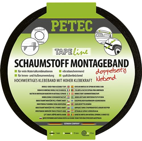 PETEC Schaumstoffband schwarz Montageband doppelseitig 10 m | Doppelseitiges Klebeband Schaumstoff selbstklebend Klebestreifen Wand Doppelklebeband 87200