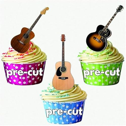 AK Giftshop PRE-CUT Acoustic Guitars Cake Decorations - 36 Edible Wafer Cup Cake Toppers