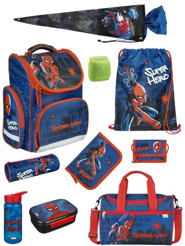 Familando - Schulranzen Set CLOU - 10-teilig mit Schultüte - Marvel Spiderman - Ergonomisch, stabil & mit gepolstertem Rücken - 930g leicht - 15L Volumen - Mit Reflektoren - ab 1. Klasse